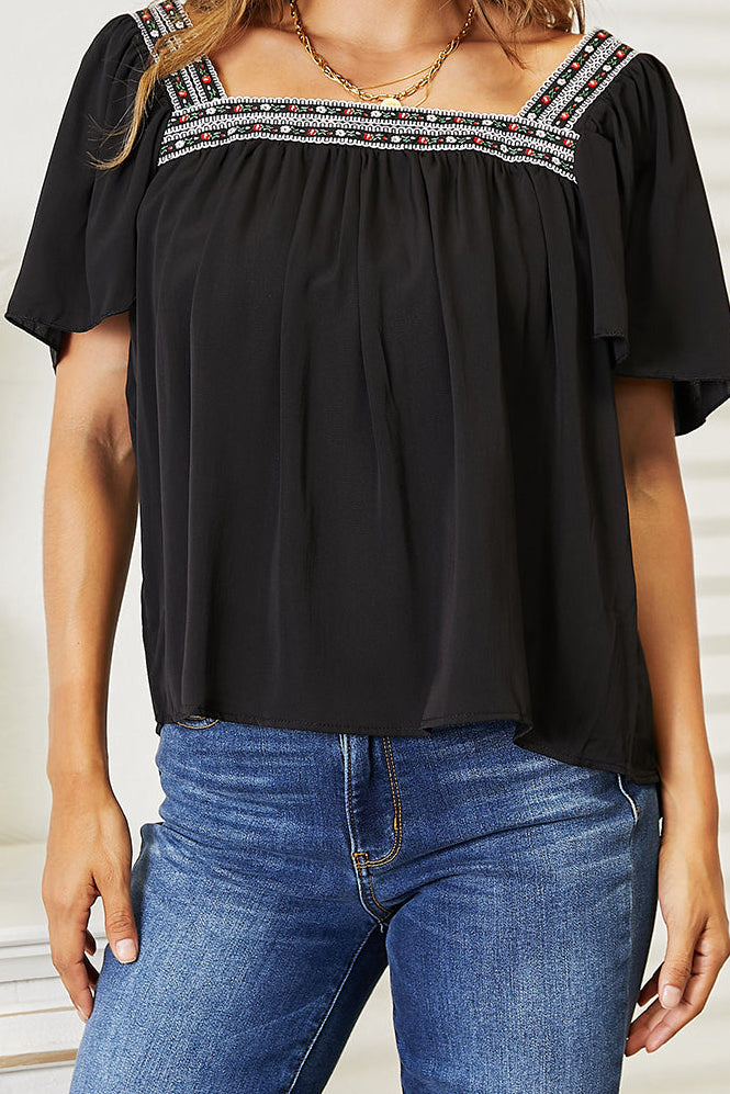 Contrast Square Neck Puff Sleeve Blouse