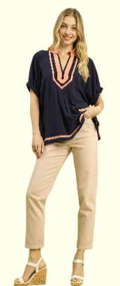Linen Contrast Trim V-Neck Blouse