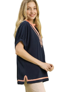 Linen Contrast Trim V-Neck Blouse