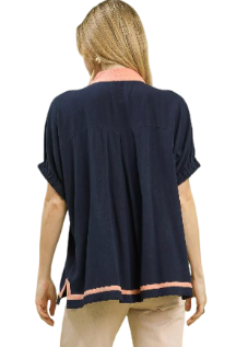 Linen Contrast Trim V-Neck Blouse
