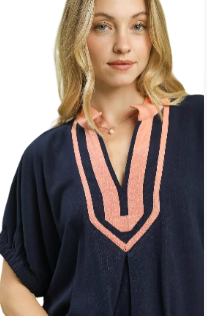 Linen Contrast Trim V-Neck Blouse