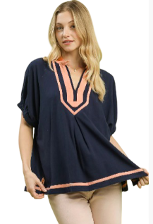 Linen Contrast Trim V-Neck Blouse