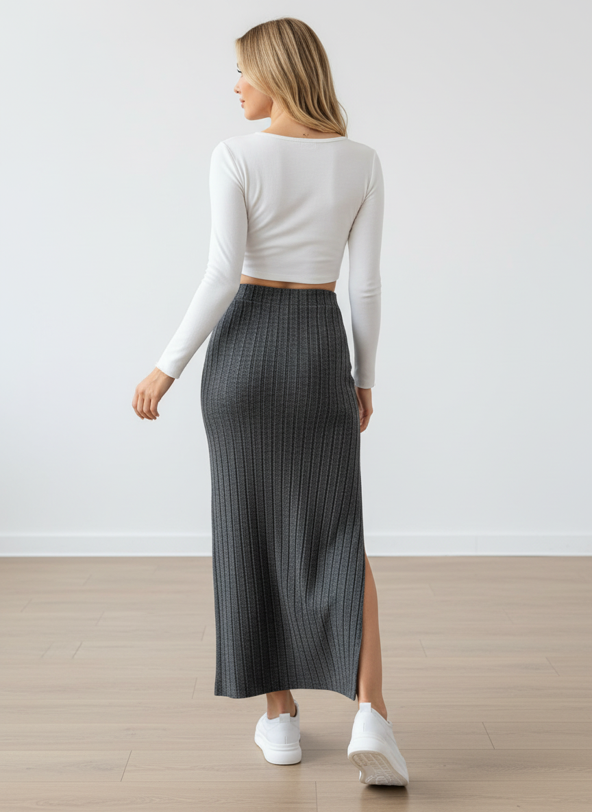 High Waist Ribbed Knit Maxi Skirt