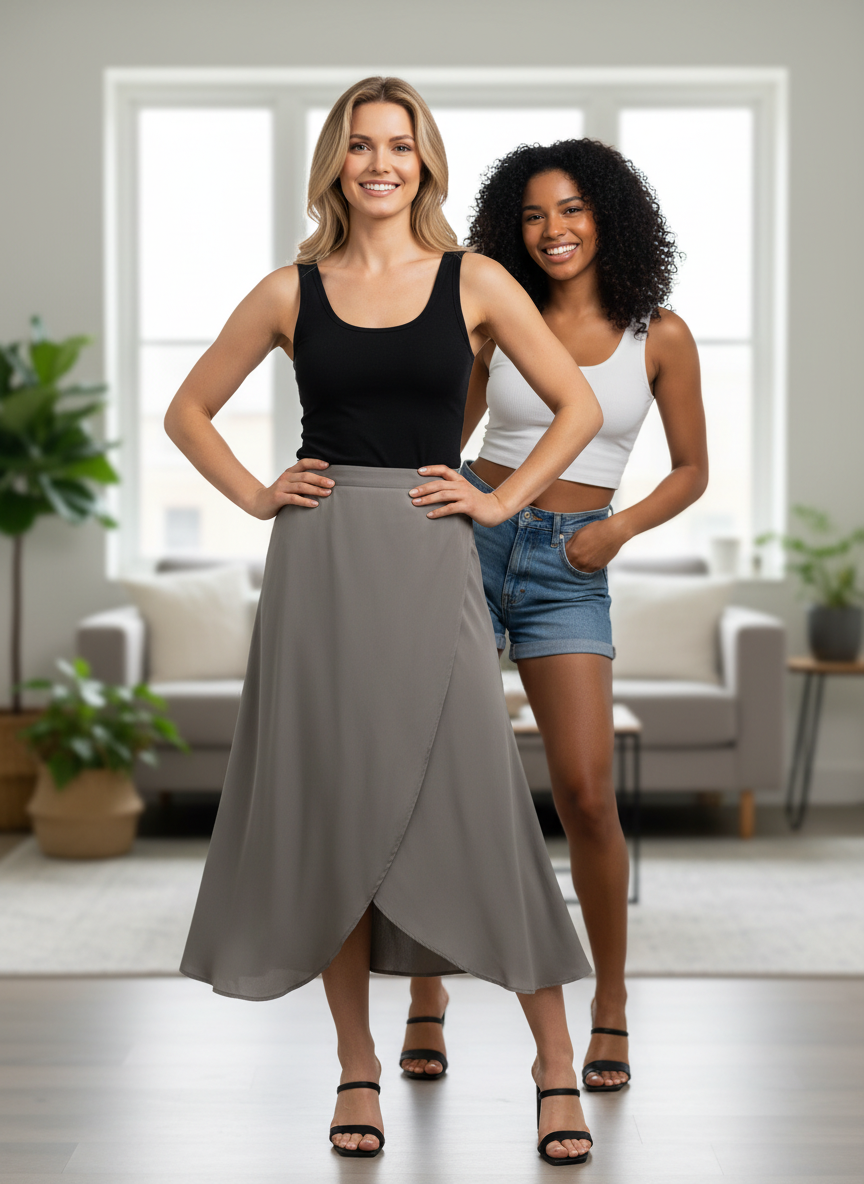 Asymmetric Wrap Midi Skirt with Fluted Hem
