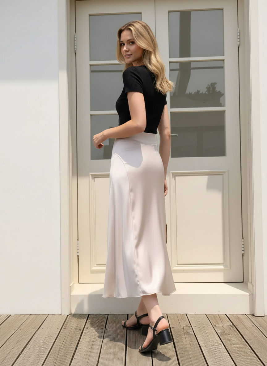 Asymmetric Wrap Midi Skirt with Fluted Hem