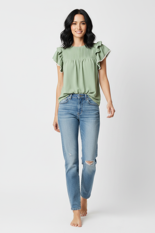 Perfee Pleated Detail Flutter Sleeve Blouse