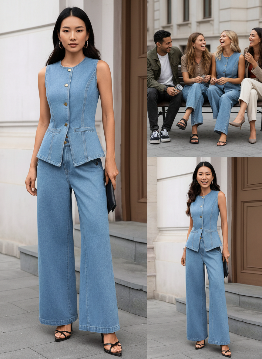 Sleeveless Button-Front Vest and Pants Denim Set