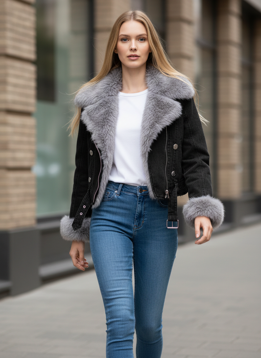 Full Size Faux Fur Collar Denim Jacket Plus Size