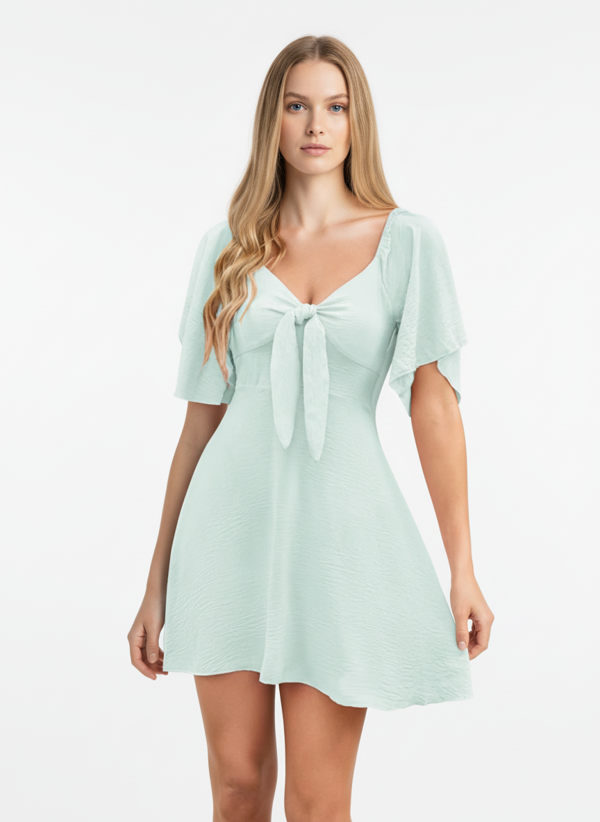 Smocked Back Knotted Flutter Sleeve Dress