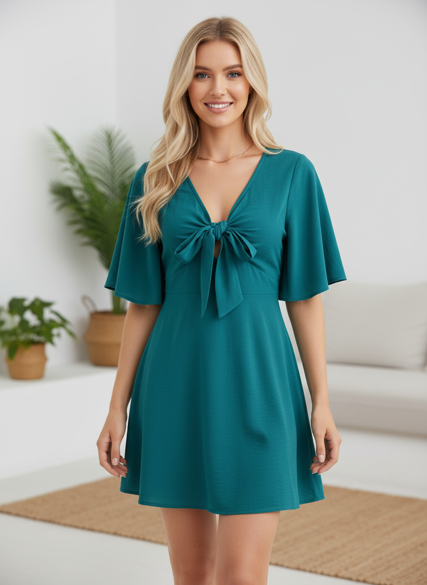 Smocked Back Knotted Flutter Sleeve Dress