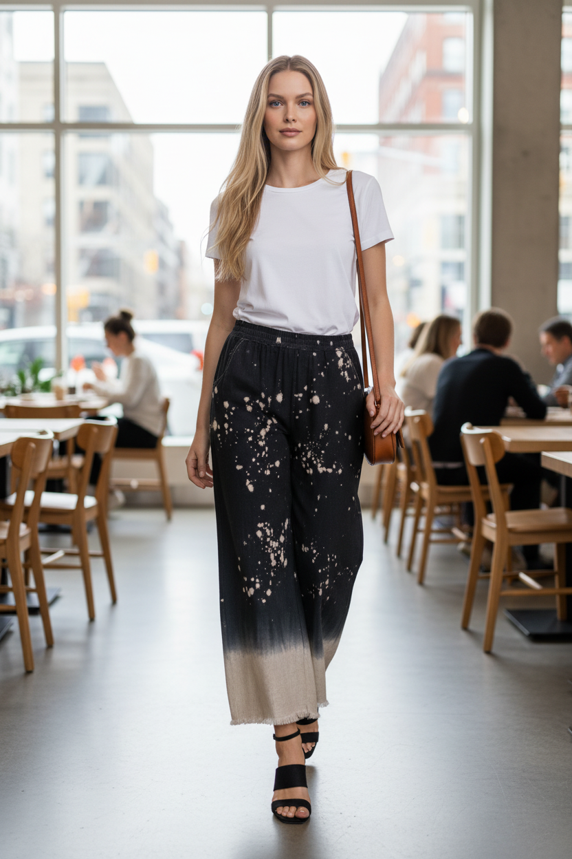 Umgee Full Size Raw Hem Linen Blend Bleach Dip Dye Wide Leg Pants Plus Size