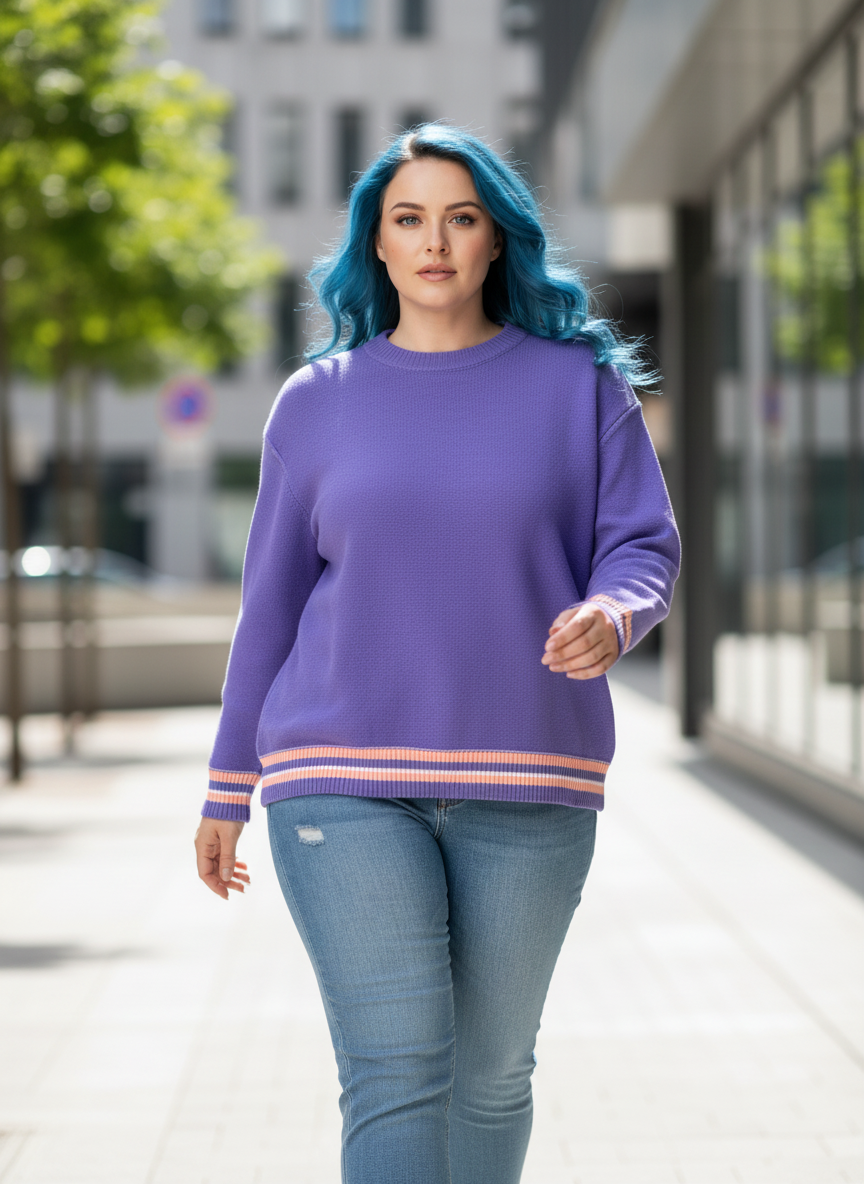 Plus Size Striped Trim Drop Shoulder Knit Loose Sweater