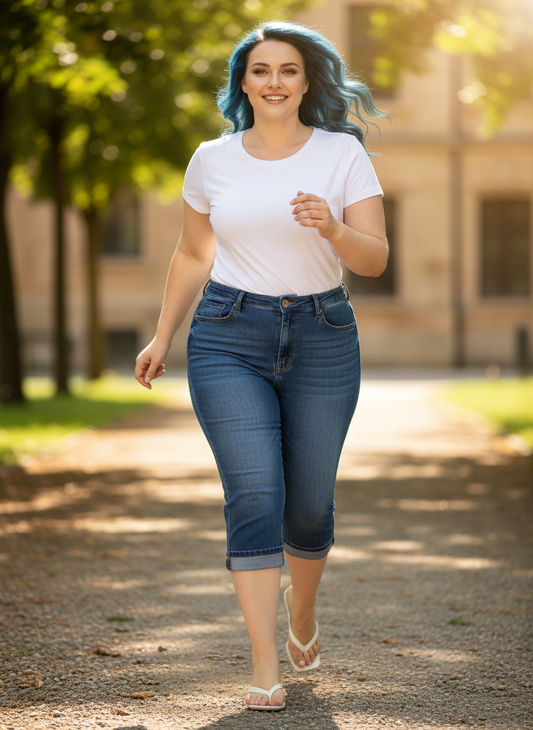 Plus Size Rolled Hem High Waist Denim Capri Jeans