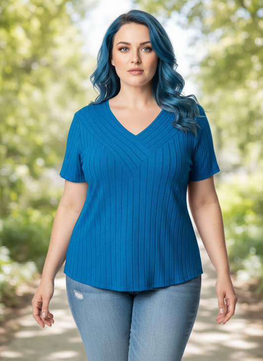 Plus Size V-Neck Short Sleeve Ribbed T-Shirt