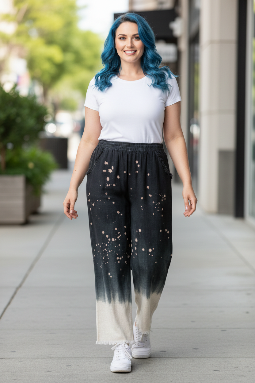 Umgee Full Size Raw Hem Linen Blend Bleach Dip Dye Wide Leg Pants Plus Size
