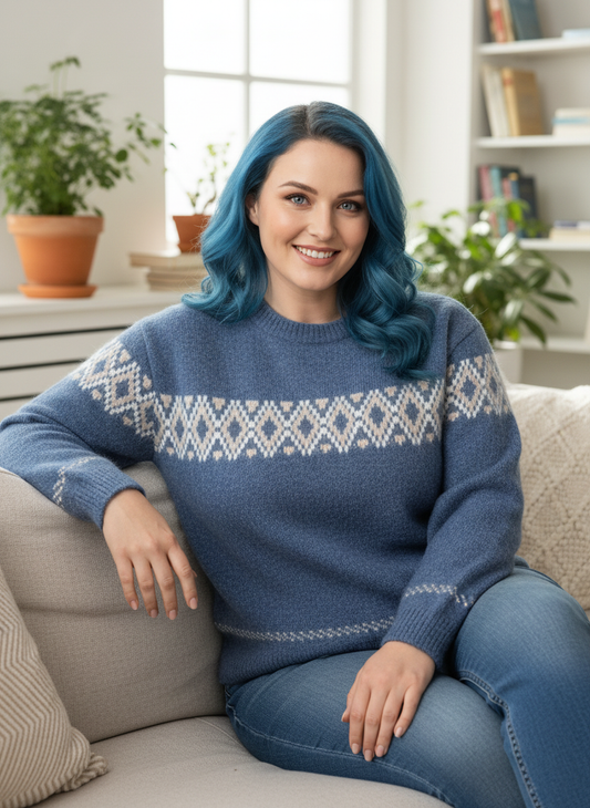 Full Size Vintage Patterned Round Neck Sweater Plus Size