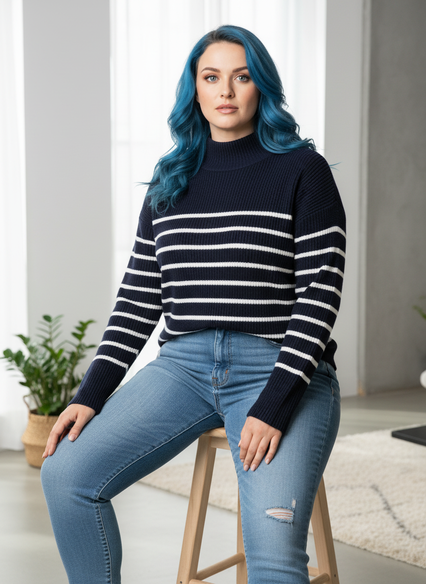 Full Size Striped Turtleneck Long Sleeve Sweater Plus Size