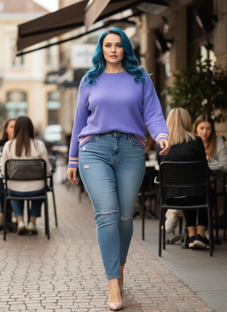 Plus Size Striped Trim Drop Shoulder Knit Loose Sweater