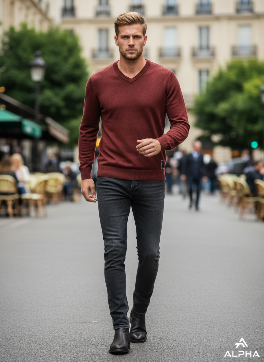 Men's Ribbed Hem V-Neck Long Sleeve Sweater