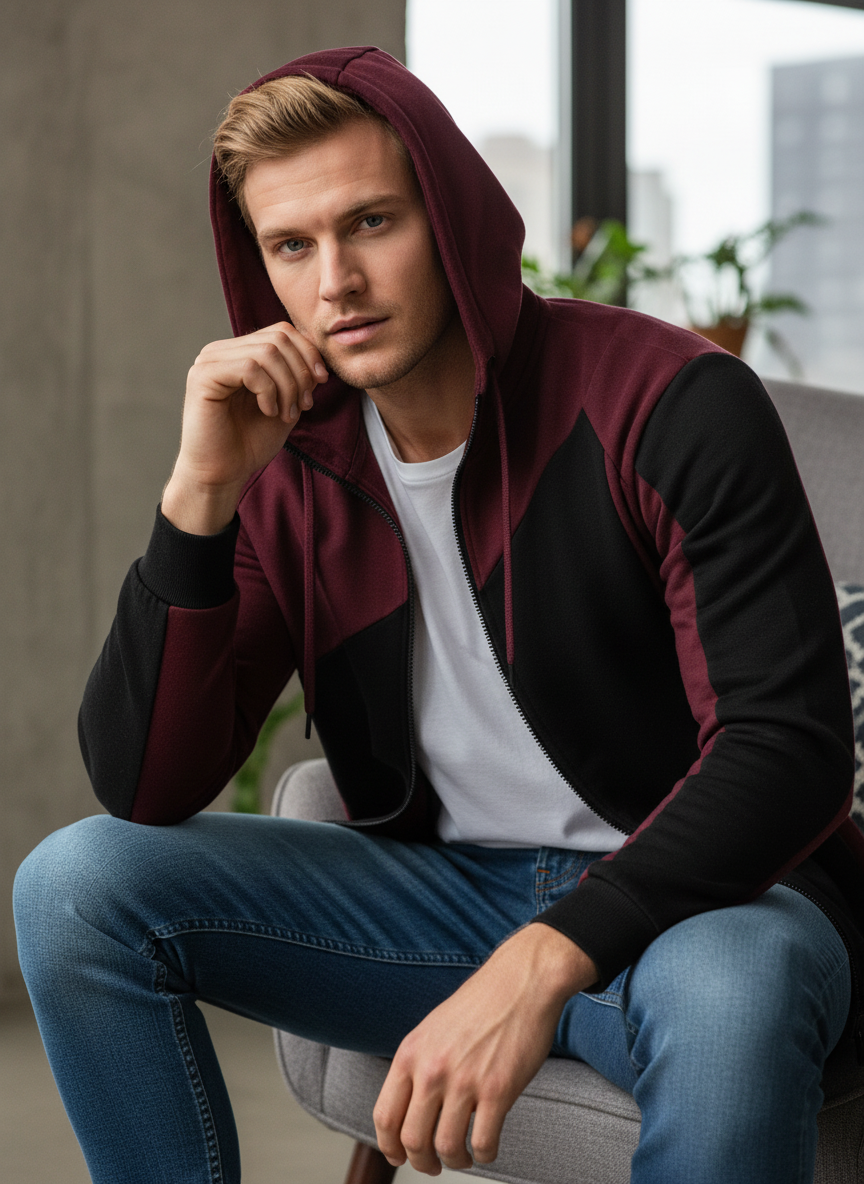 Men's Color Block Zip-Up Hoodie