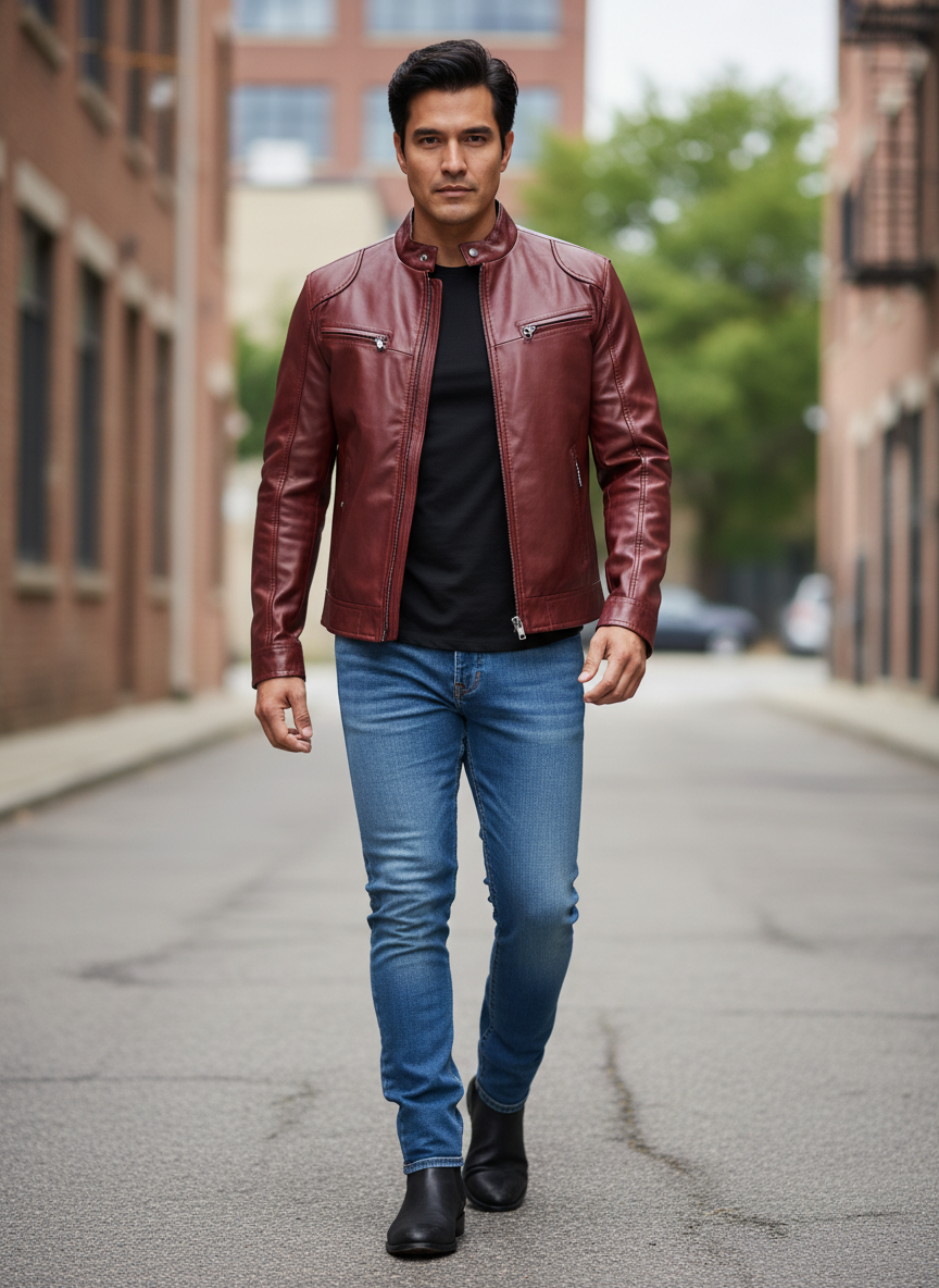 Men's Full Size Leather Motorcycle Jacket with Zipper Front Plus Size