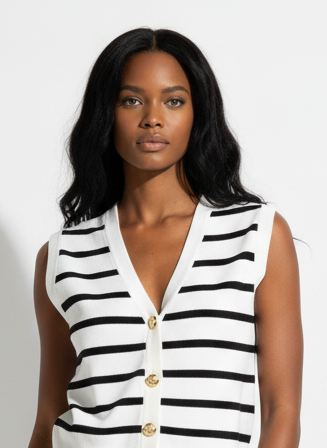 Striped Button-Down Sleeveless Cardigan