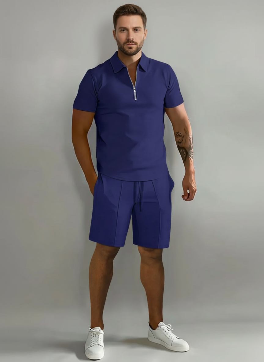 Men's Full Size Collared Neck Short Sleeve Top and Shorts Set Plus Size
