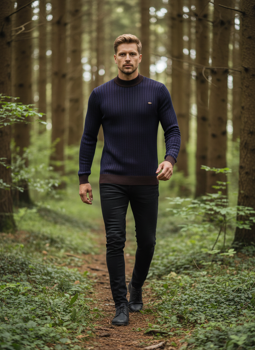 Men's Mock Neck Contrast Striped Sweater