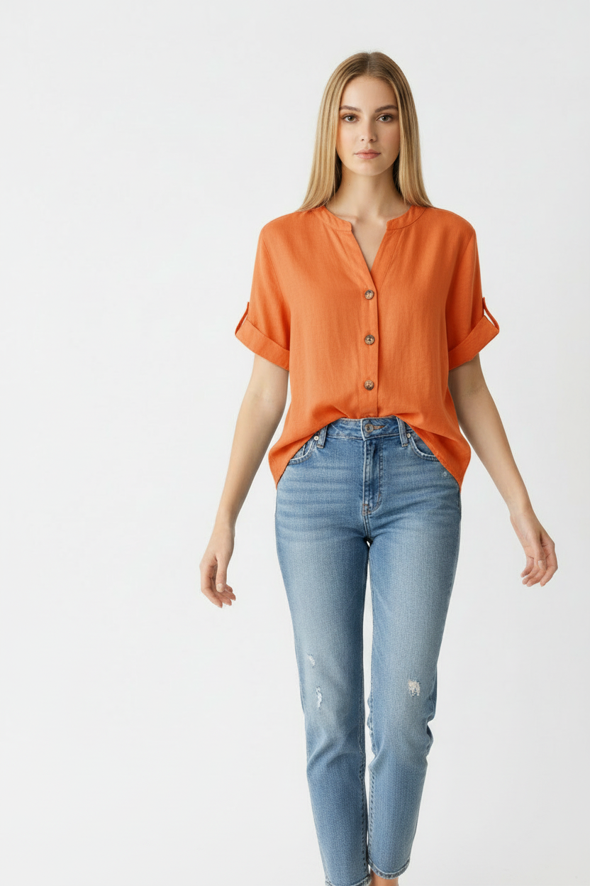 Notched Short Sleeve Blouse
