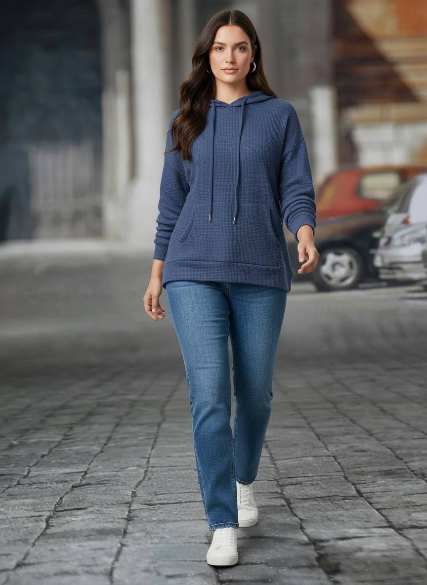 Textured Drawstring Long Sleeve Hoodie
