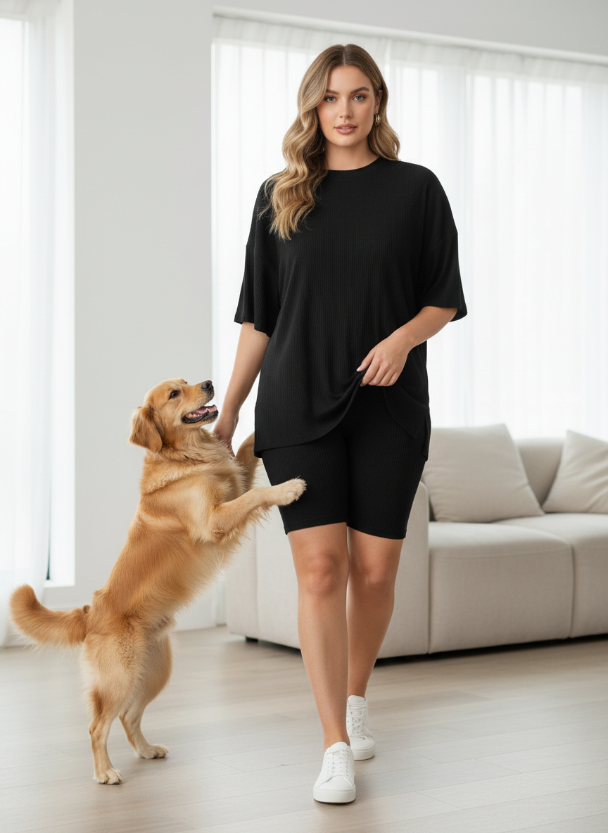 Full Size Oversized Slit Round Neck Top and Shorts Lounge Set Plus Size