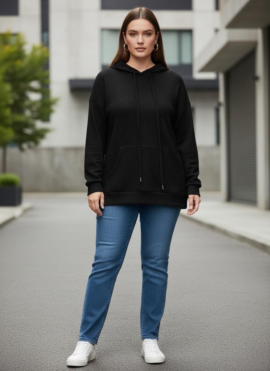 Textured Drawstring Long Sleeve Hoodie