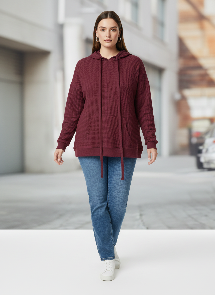 Textured Drawstring Long Sleeve Hoodie