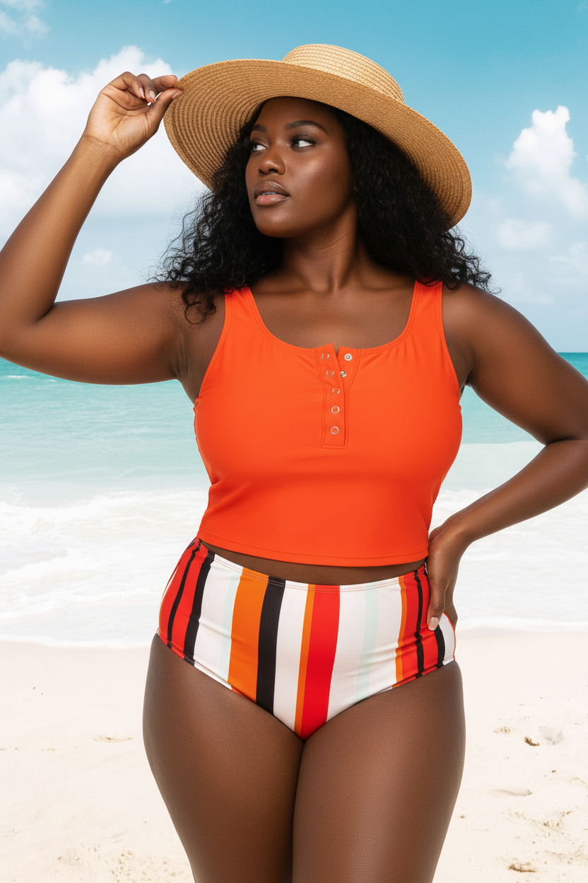 Half Snap Square Neck Tankini Set (Kopi)