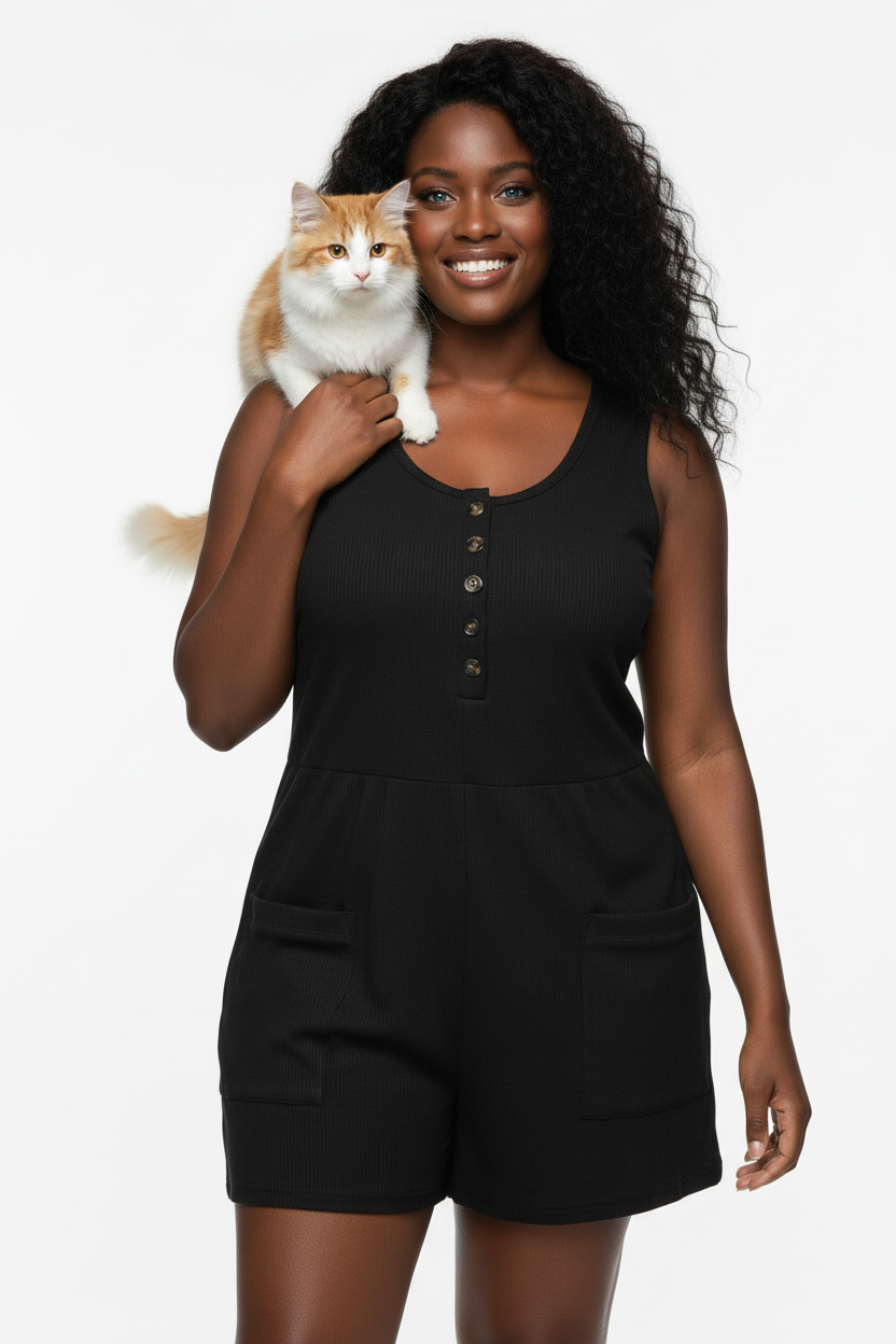Full Size Waffle Sleeveless U Neck Buttons Romper With Pockets (Kopi)