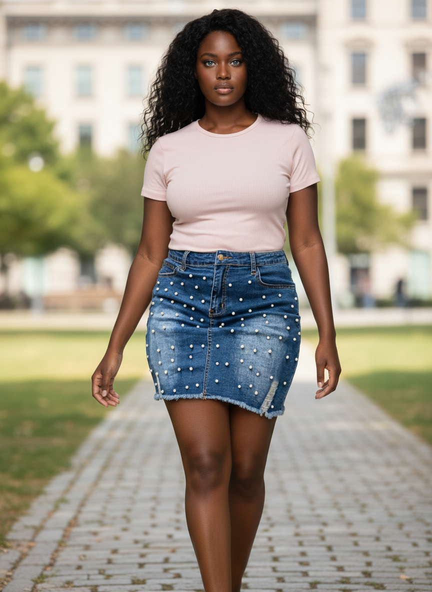 Plus Size Pearl Embellished Denim Skirt