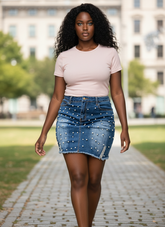 Plus Size Pearl Embellished Denim Skirt