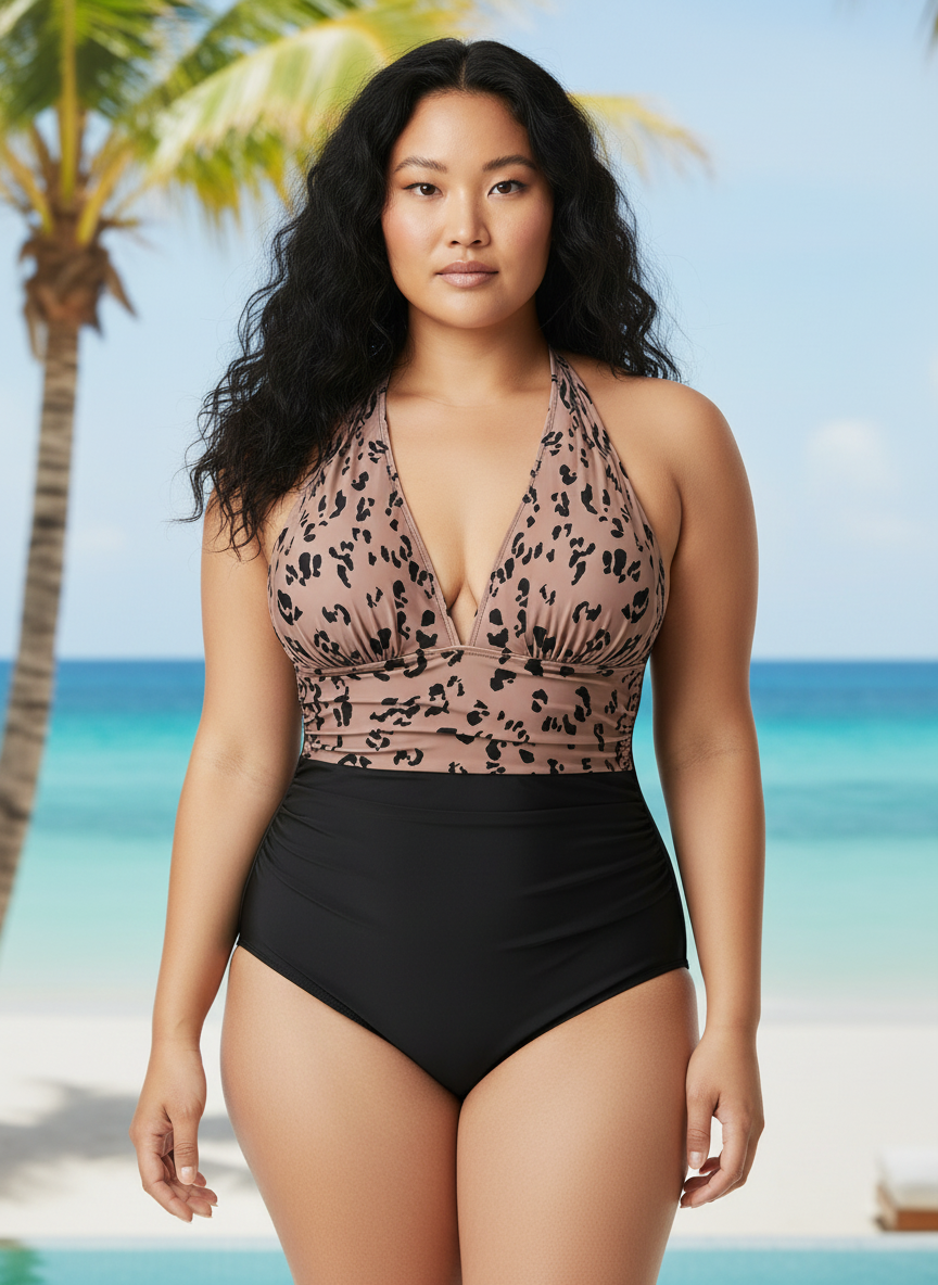 Full Size Leopard Halter Neck One-Piece Swimwear Plus Size