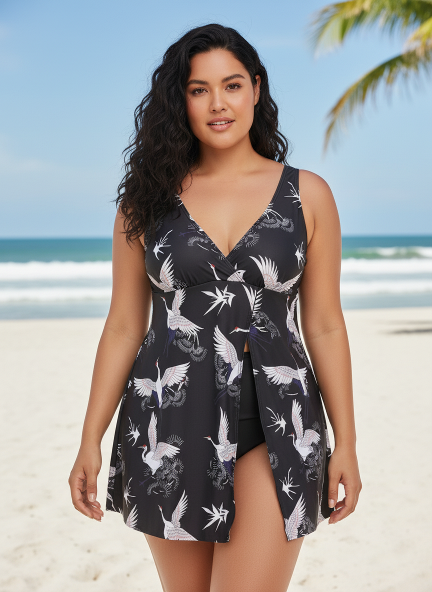Full Size Printed Slit Plunge One-Piece Swimwear Plus Size