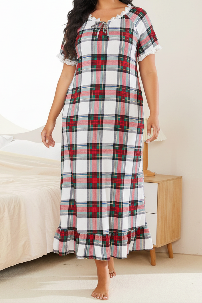 Plaid Lace Trim Ruffle Hem Night Dress (Kopi)