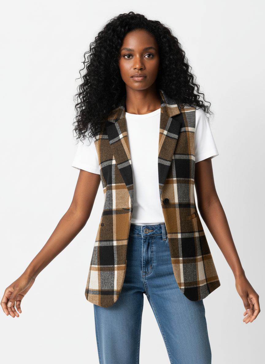 Plaid Open Front Collared Neck Vest