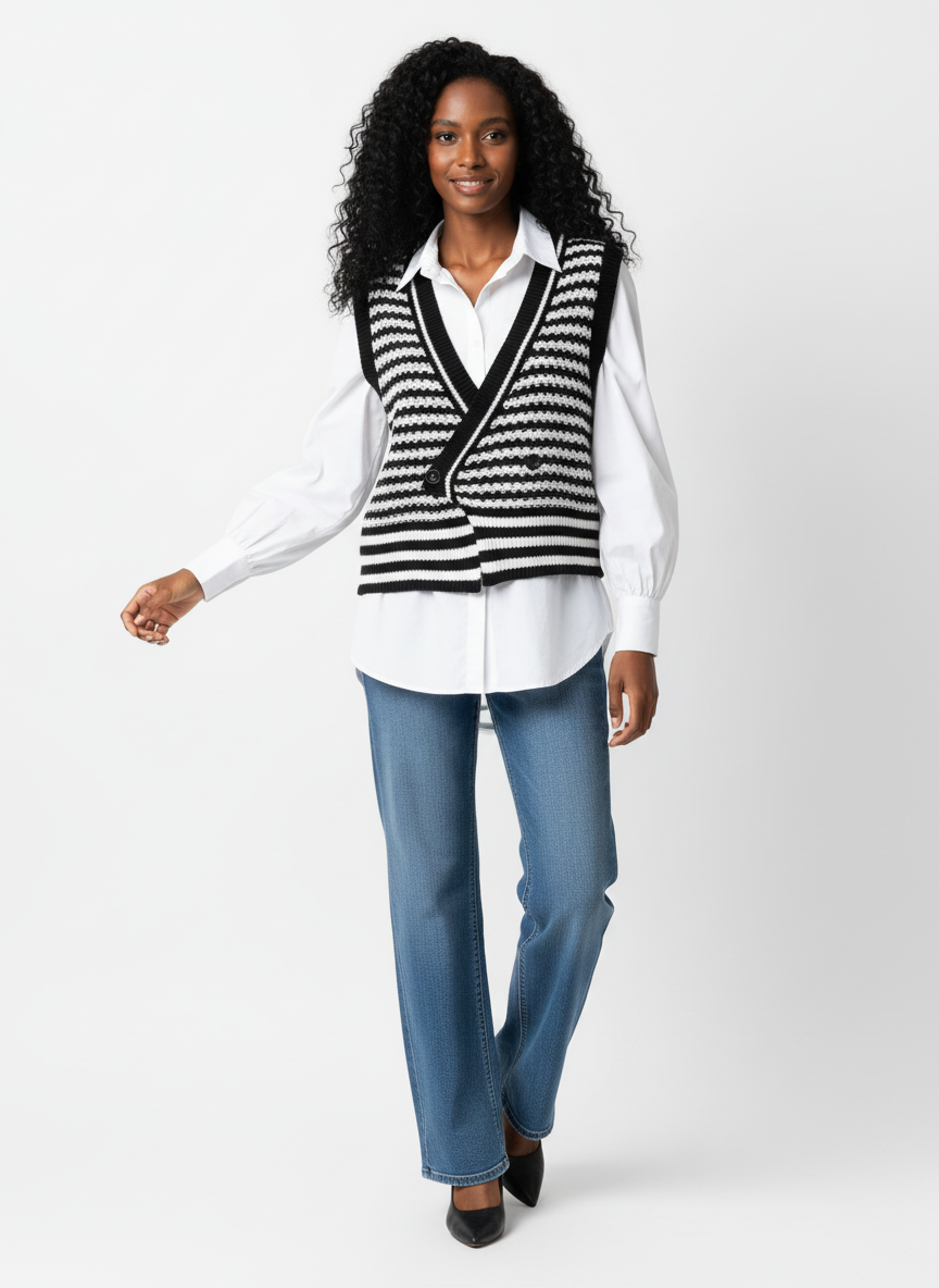 Striped Button Up V-Neck Sweater Vest